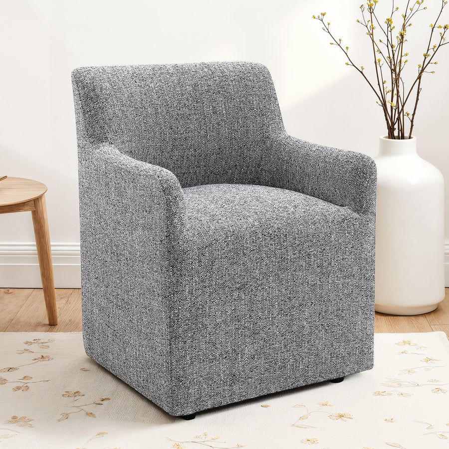 Fico Barrel-Back Upholstered Dining Arm Chair with Casters - Contemporary Rolled Arm