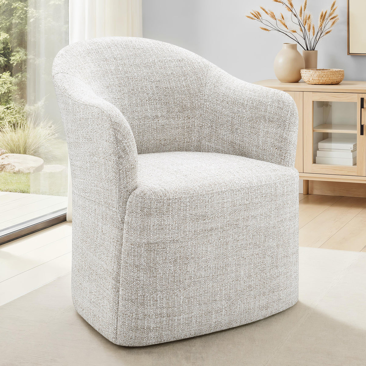Sema Contemporary Barrel-Back Upholstered Dining Arm Chair with Casters - Ginger Brown