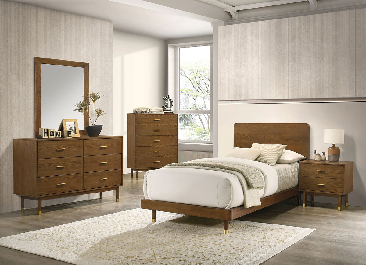 Romford Mid-Century Modern Twin & Full Bed & Youth Bedroom Set - 4pcs- Twin Bed + Dresser + Mirror + Nightstand