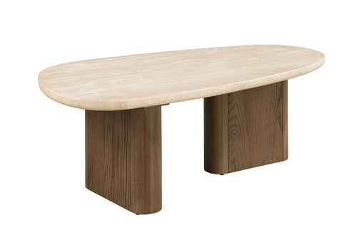 Nolfi Contemporary Travertine Coffee & End Tables - Trestle Base in Brown Oak