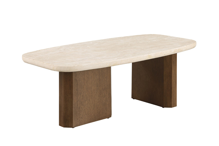 Florian Organic-Shape Travertine Coffee & End Table - Bullnose Edge on Brown Oak Base
