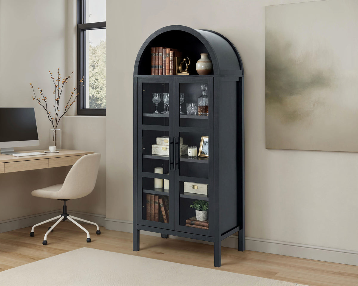 Gateshead 72" Arched Display Cabinet with Glass Doors & Adjustable Shelves - Black