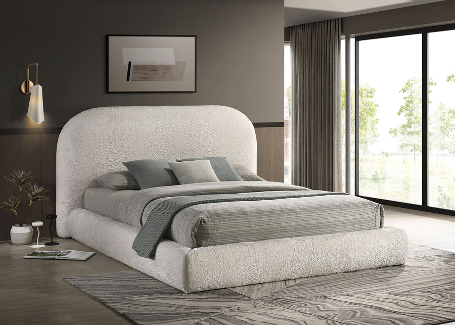 Whitnash Contemporary Round-Profile Upholstered Platform Bed - Ivory White, Queen or Eastern King
