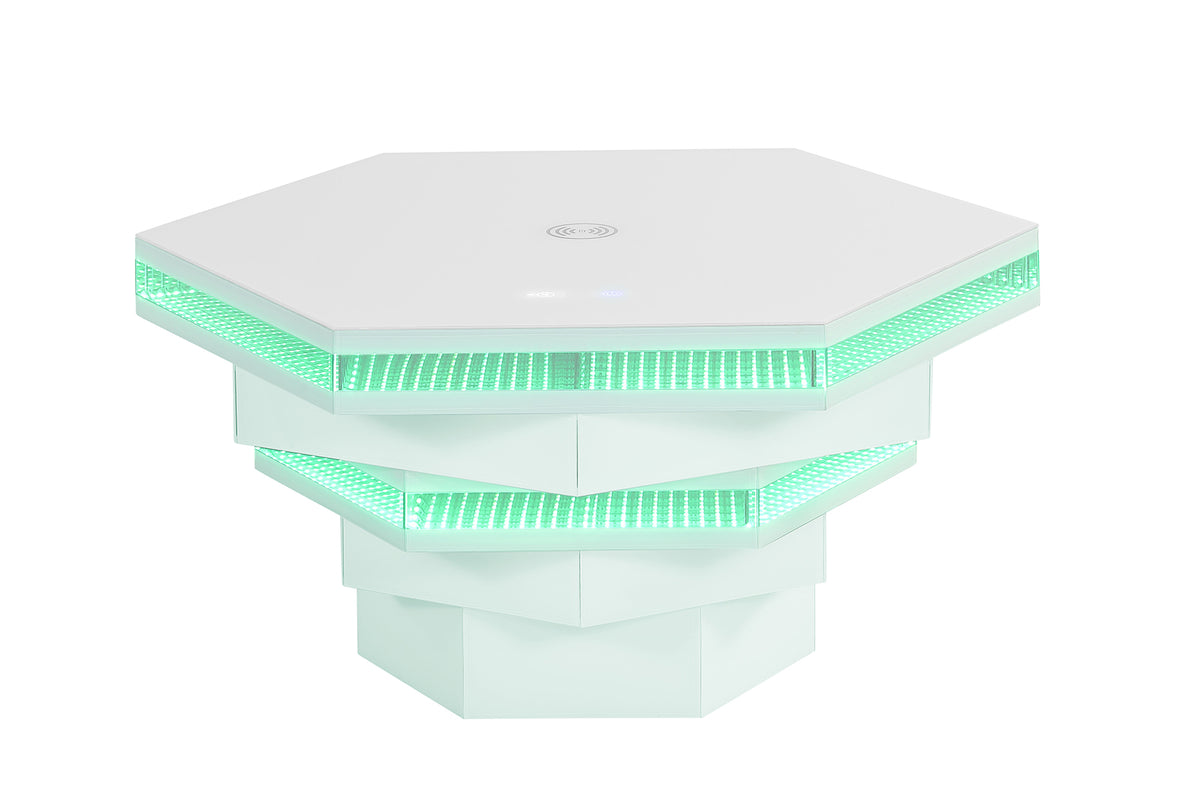 Zeta Hexagon Smart Coffee Table with LED Lights, Bluetooth Speaker & Wireless Charging – White, view 5