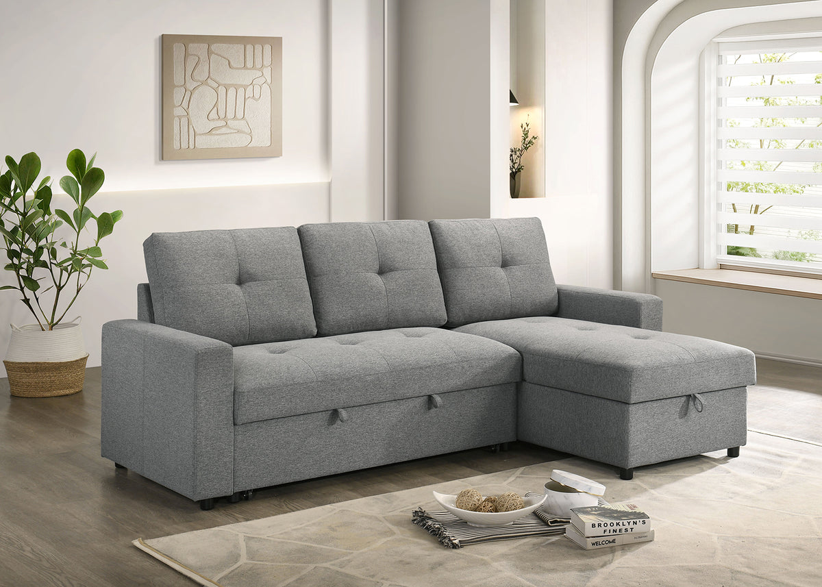 Giorgi Linen-Look Sectional with Pull-Out & Storage Chaise - Floating Legs, Contemporary