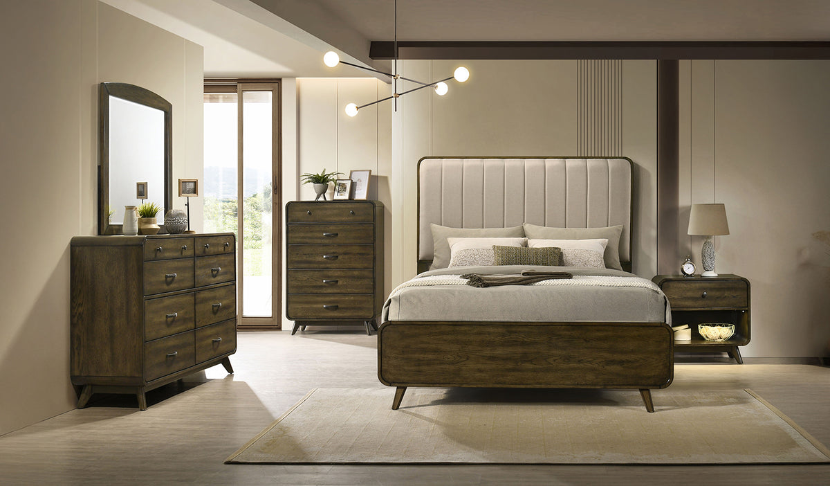 Eastlin Mid-Century Modern Bed & Bedroom Set with Channeled Upholstered Headboard โ Walnut, view 2