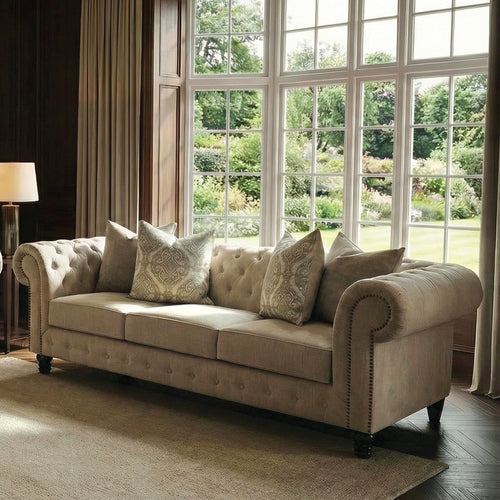 Ammirati Traditional Chesterfield Sofa, Loveseat & Chair - Button Tufted with Nailhead Trim in Beige