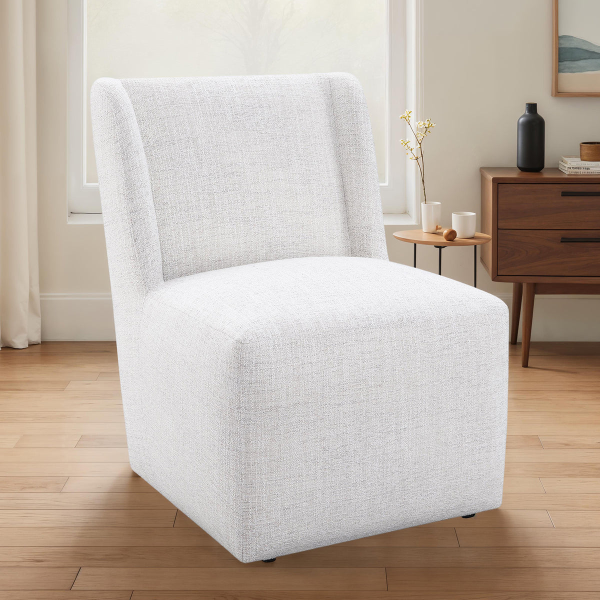 Fede Contemporary Wingback Upholstered Dining Chair with Casters - Pristine White