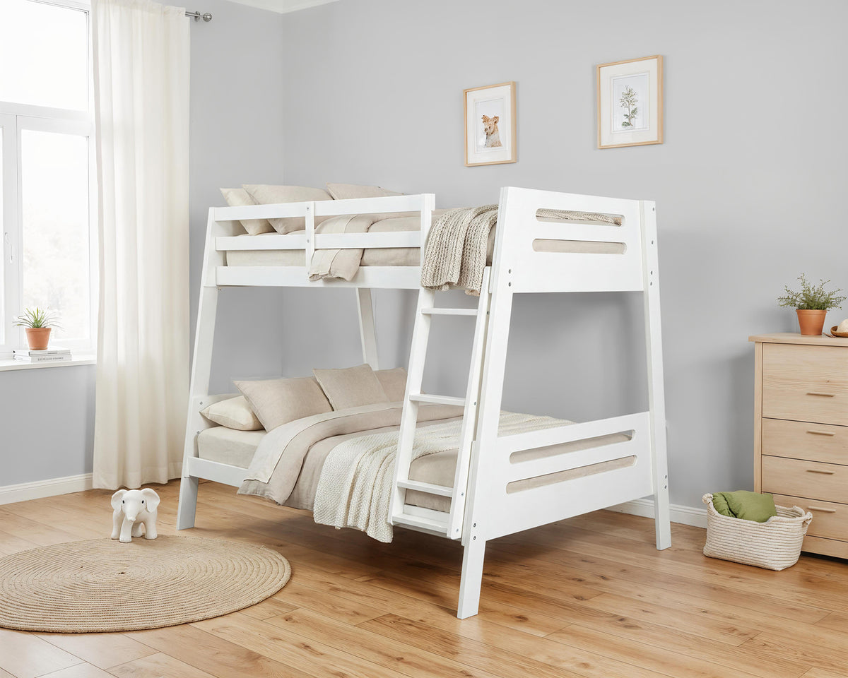 Kallen Contemporary Twin over Full Bunk Bed with Angled Ladder - White