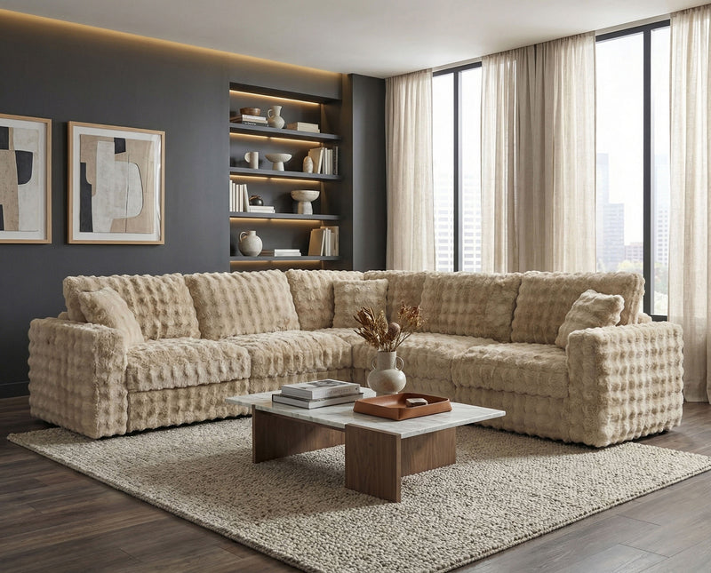 McKenna Modular L-Shaped Sectional with Faux Fur Contrast - Contemporary Track Arm in Sand or Silver Gray