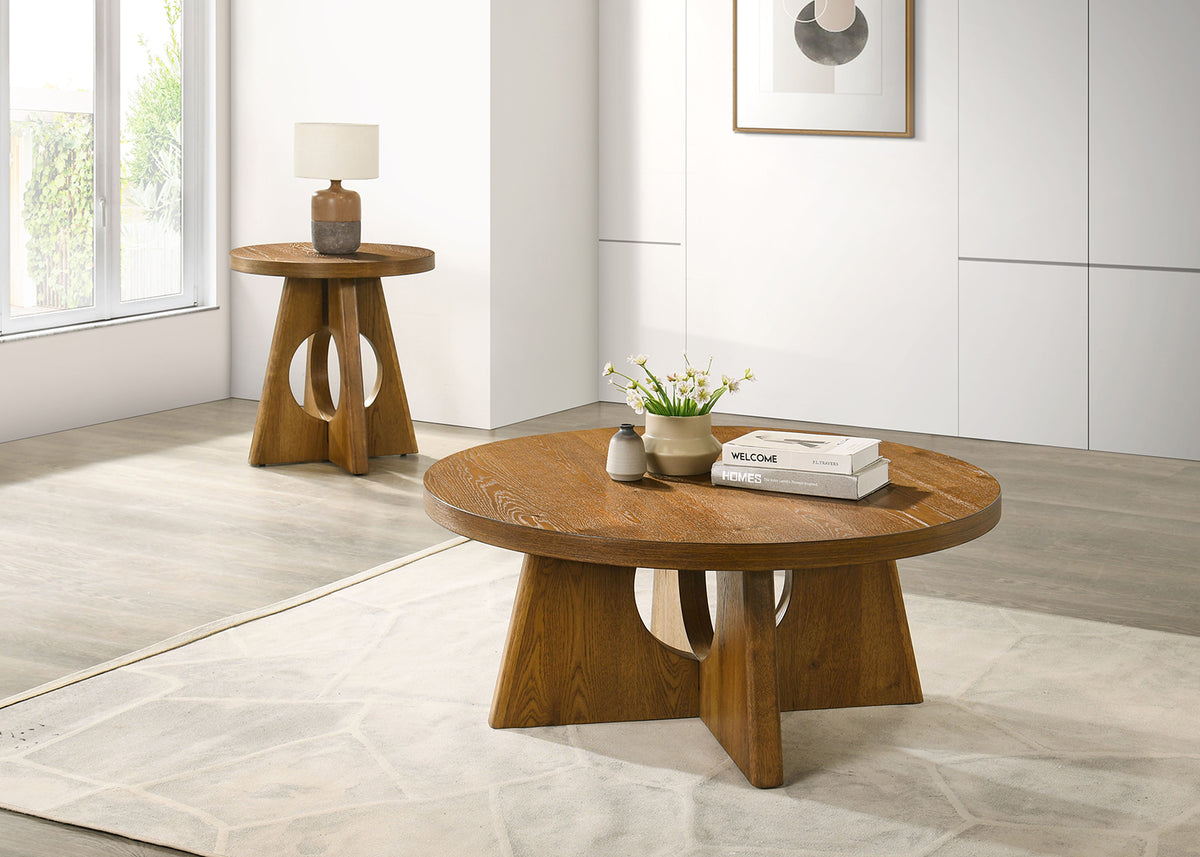 Olgod Round Pedestal Coffee & End Table - Cross Cutout Base in Oak or Walnut
