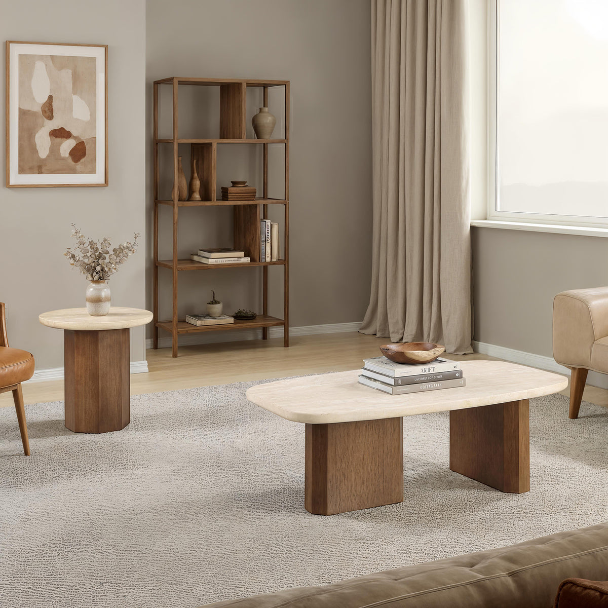 Florian Organic-Shape Travertine Coffee & End Table โ view 7