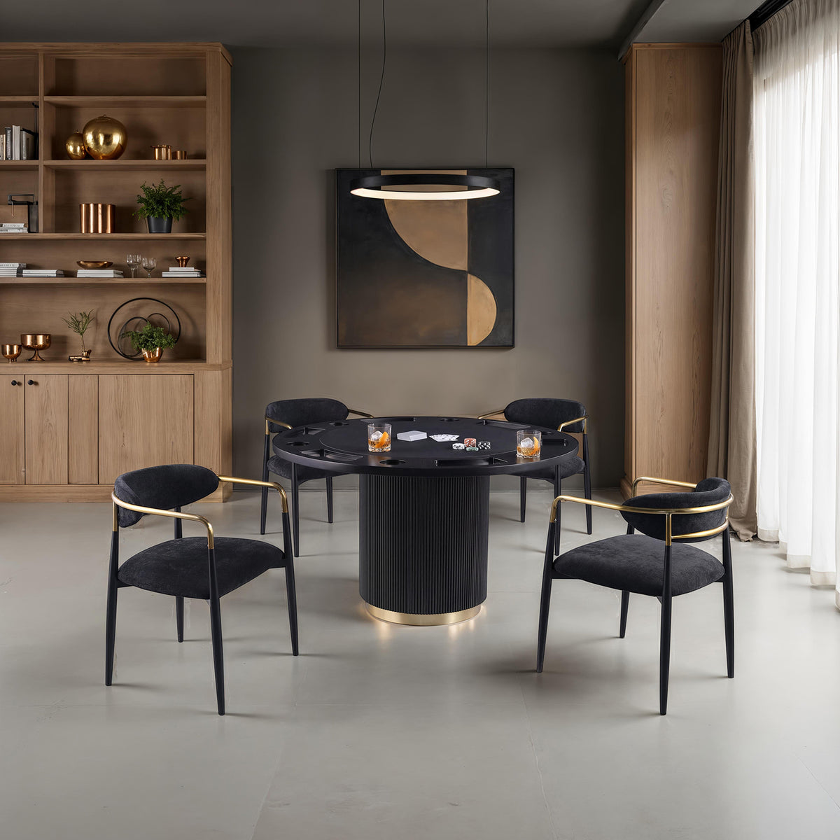 Frascone Round Game & Dining Table Set - 5pcs- Game Table + 4 Black Arm Chairs