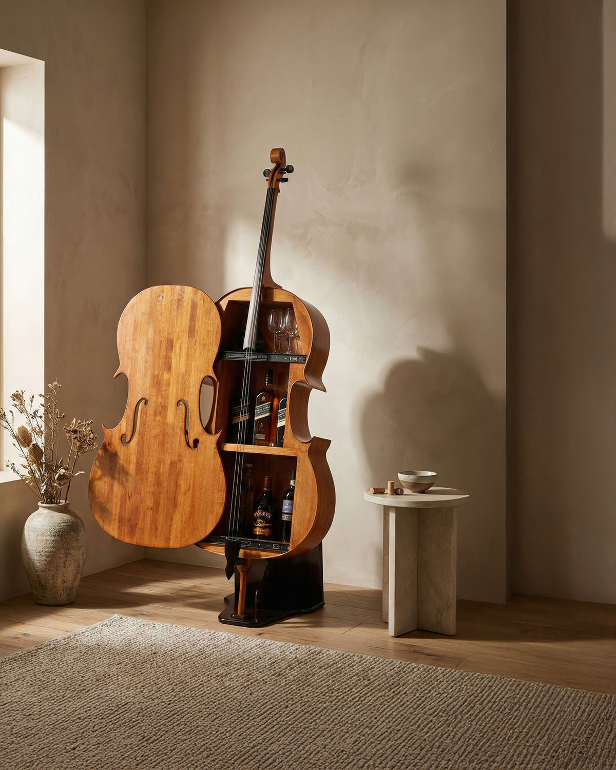 Maricello Cello-Shaped Wine Bar Cabinet - Honey