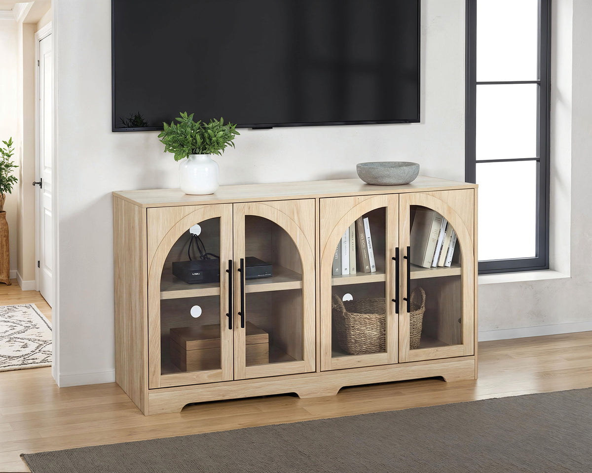 Halstead Rustic 55" Console Cabinet with Tempered Glass & Adjustable Shelves - Natural