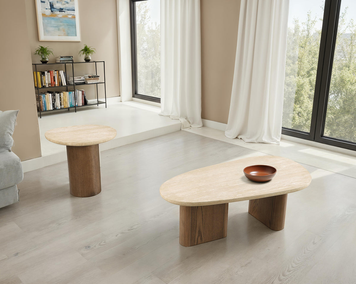 Nolfi Contemporary Travertine Coffee & End Tables - Trestle Base in Brown Oak