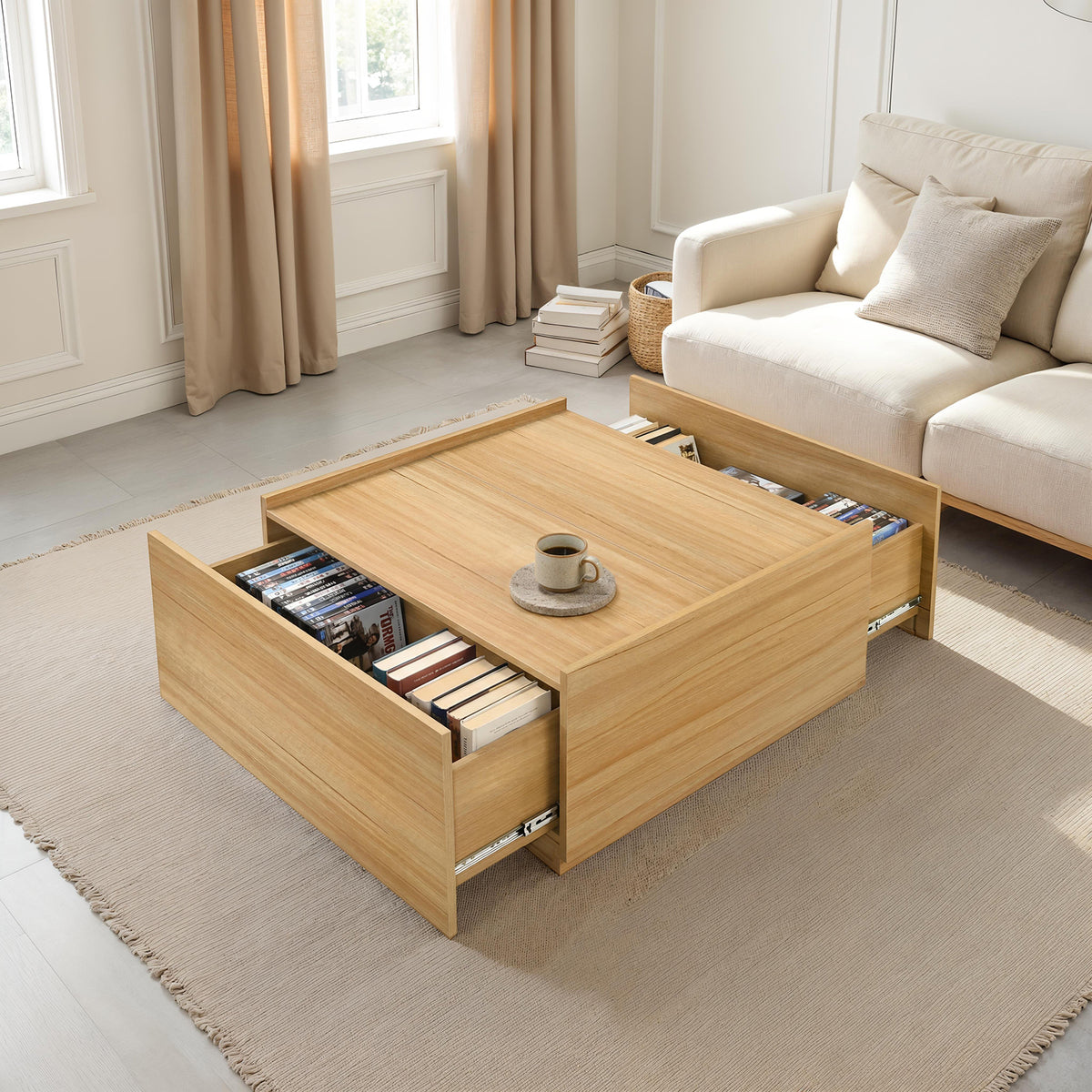 Hyde Transitional Coffee & End Tables - Square Coffee Table with Drawers