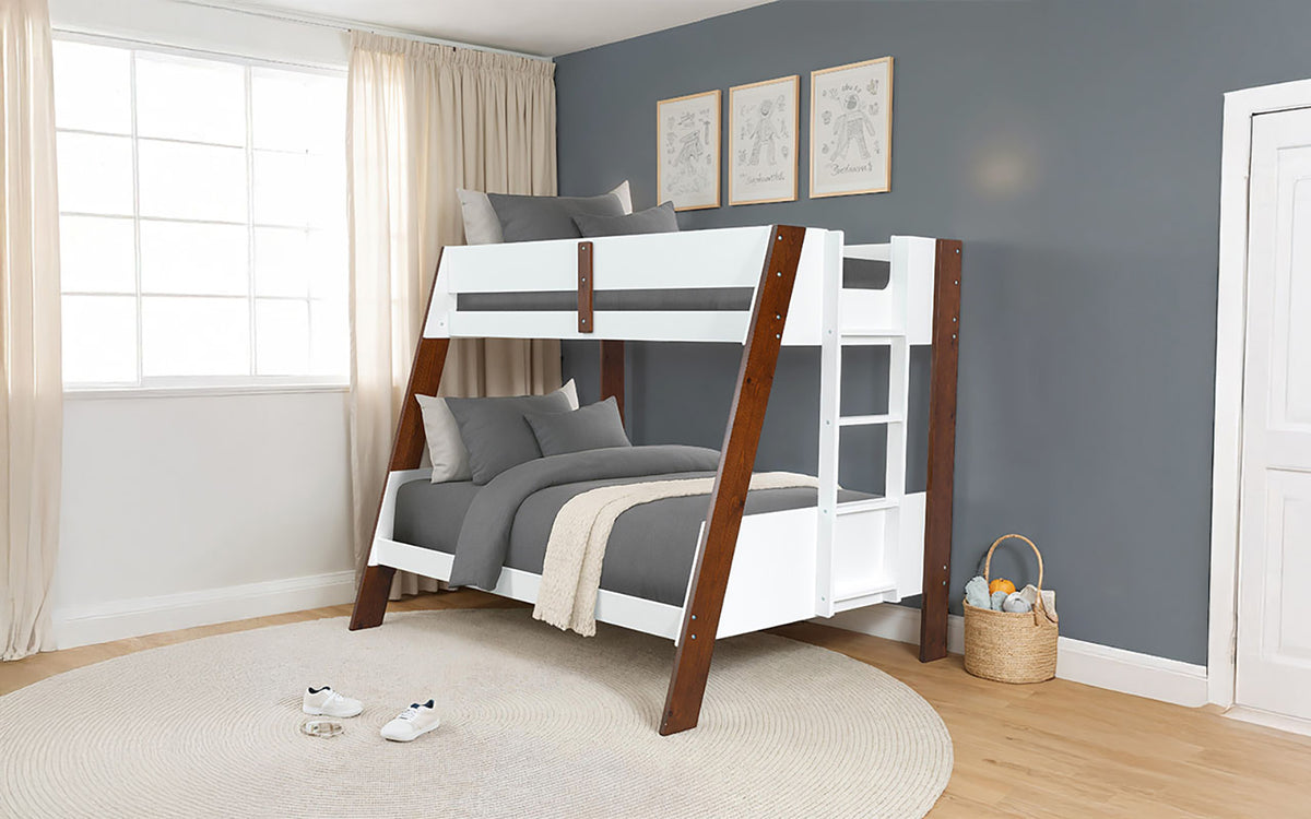 Delbin Twin over Full Wooden Bunk Bed with Attached Ladder - Low Profile in White/Natural or White/Dark Cherry