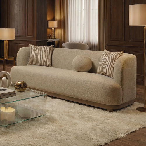 Sarabi Contemporary Sofa, Loveseat & Chair with Plinth Wood Base - Curved Back in Light Brown