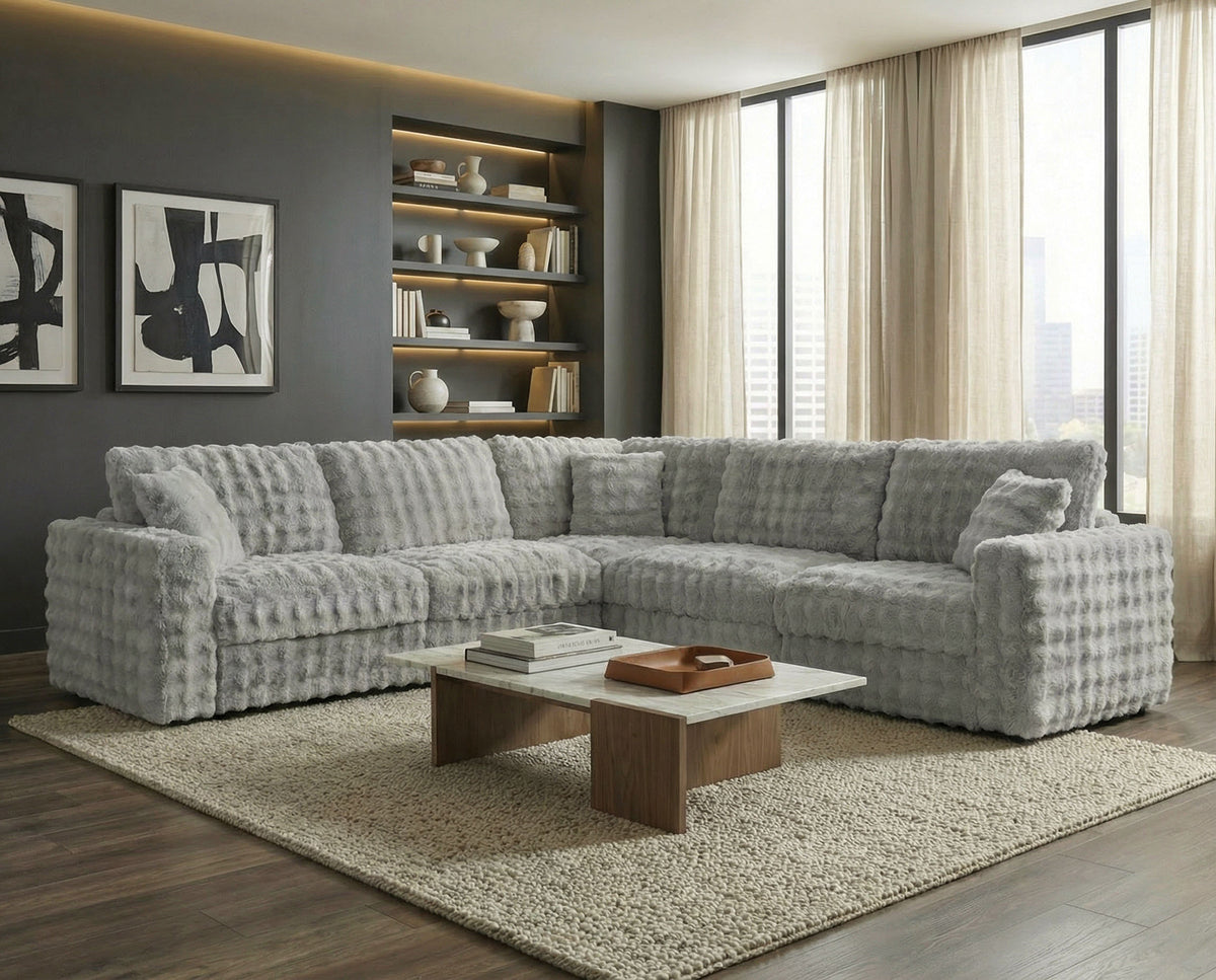 McKenna Modular L-Shaped Sectional with Faux Fur Contrast - Silver Gray