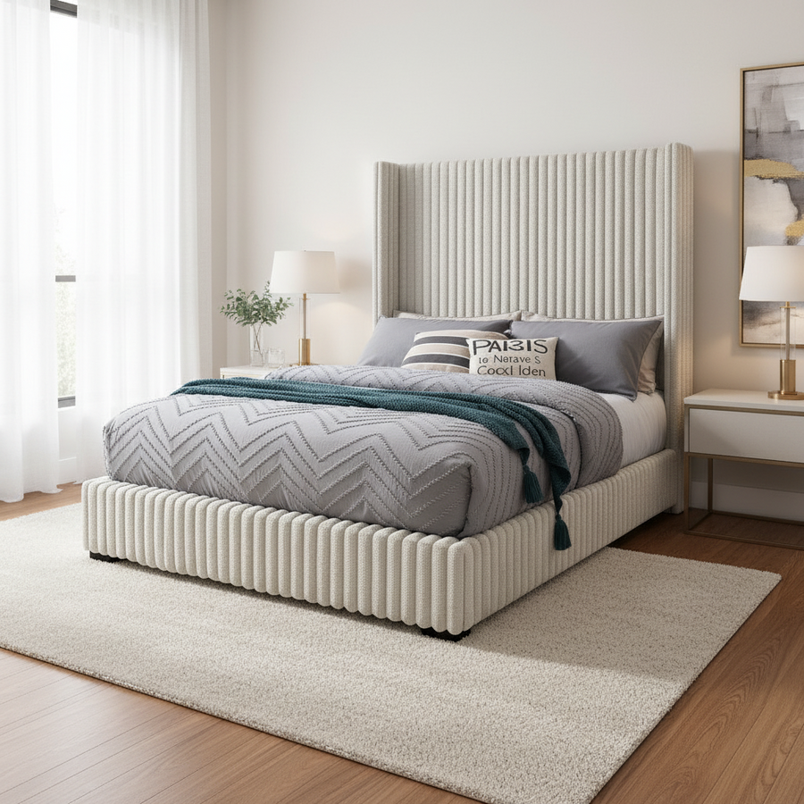 Adam Queen & King Upholstered Wingback Bed Ribbed Platform Frame