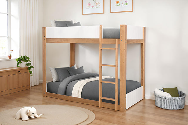 Terri Twin over Twin Wooden Bunk Bed with Attached Ladder - Low Profile in White/Natural Finish - fm-bk204a-t-1-z