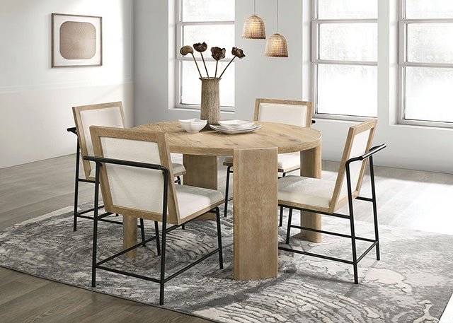 Edenbridge Contemporary Oak Dining Table & Set - 47" Round or 84" Extendable Table, Upholstered Chairs & Bench - fm3220ak-rt-5pc-1-z