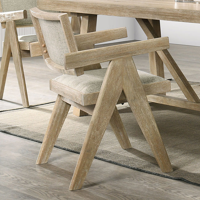 Guisborough Contemporary 84" Trestle Dining Table & Set - V-Leg Plank Arm Chairs in Oak - fm3221ak-ac-1