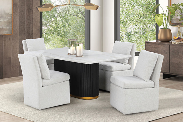 Morges Contemporary 72" Marble Dining Table & 5-Piece Set - Gold-Trim Reeded Plinth Base with Boucle Chairs - fm3432wh-t-5pc-00wh-1-z