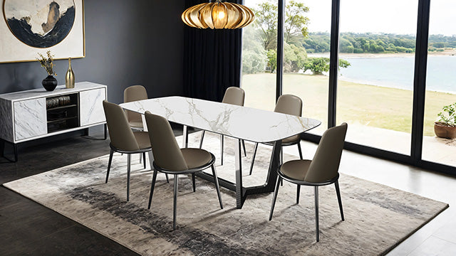 Norelli Contemporary 71" Ceramic Top Trestle Dining Table & Set - Round Leatherette Chairs in Gold or Silver - fm3701sv-t-1-z