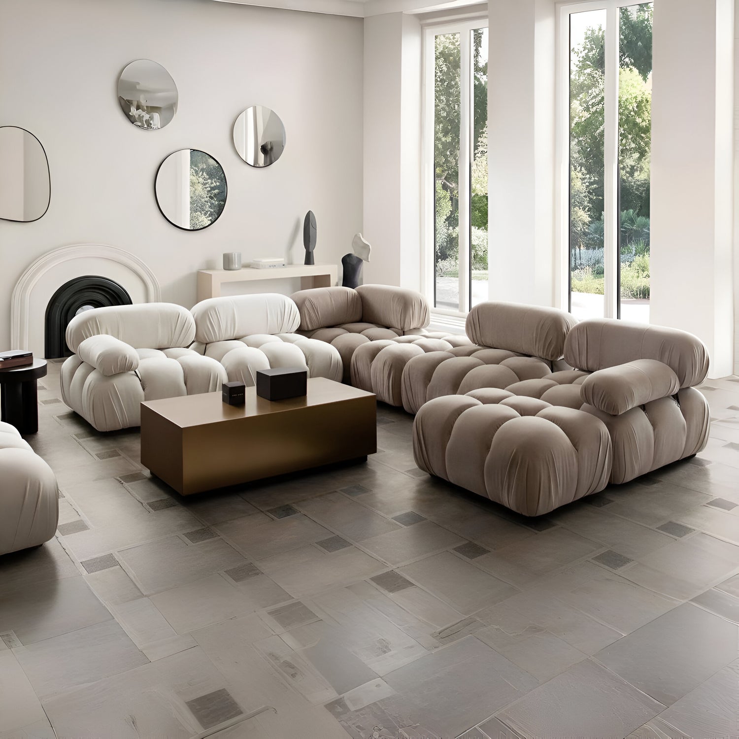 Paloma 7PC Modular 136 Inch Corner Sectional in Light Cream & Mink Tan Velvet