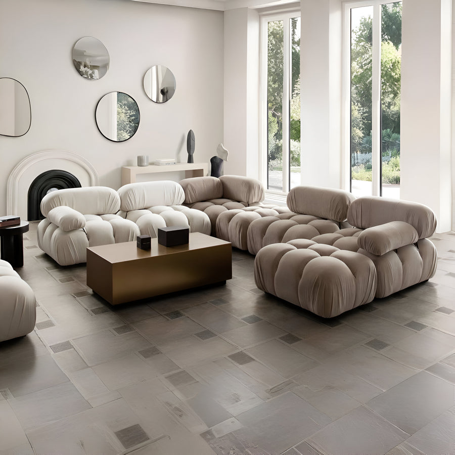Paloma 7PC Modular 136 Inch Corner Sectional in Light Cream & Mink Tan Velvet