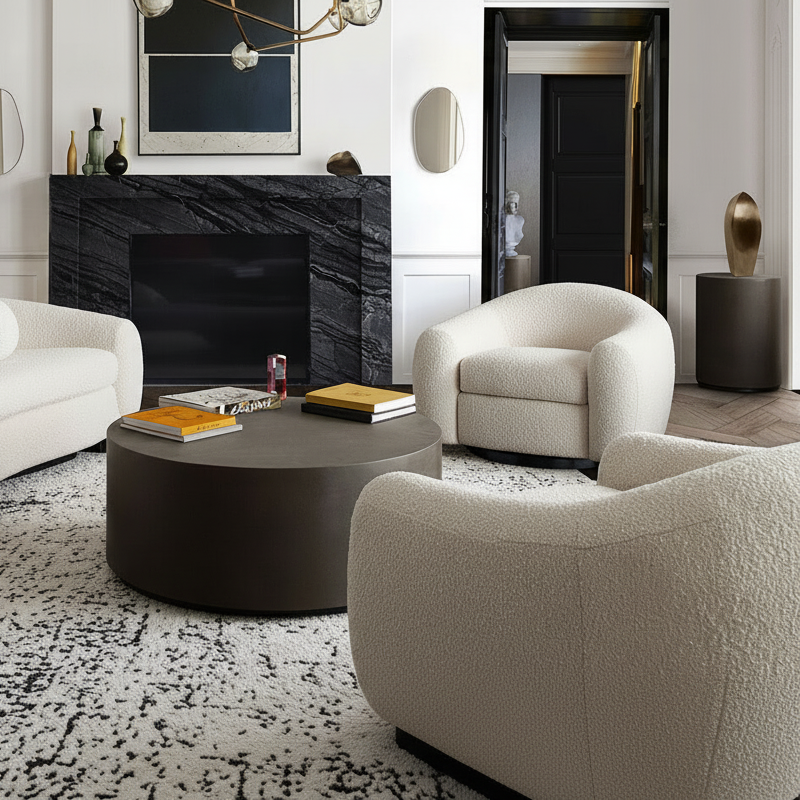 Pascal Sofa & Swivel Chair in Bone Boucle Textured Fabric