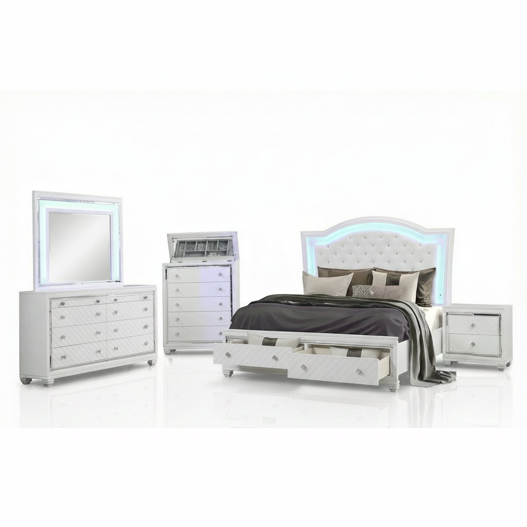 Shiney White Finish Bedroom Set with LED Headboard & Storage
