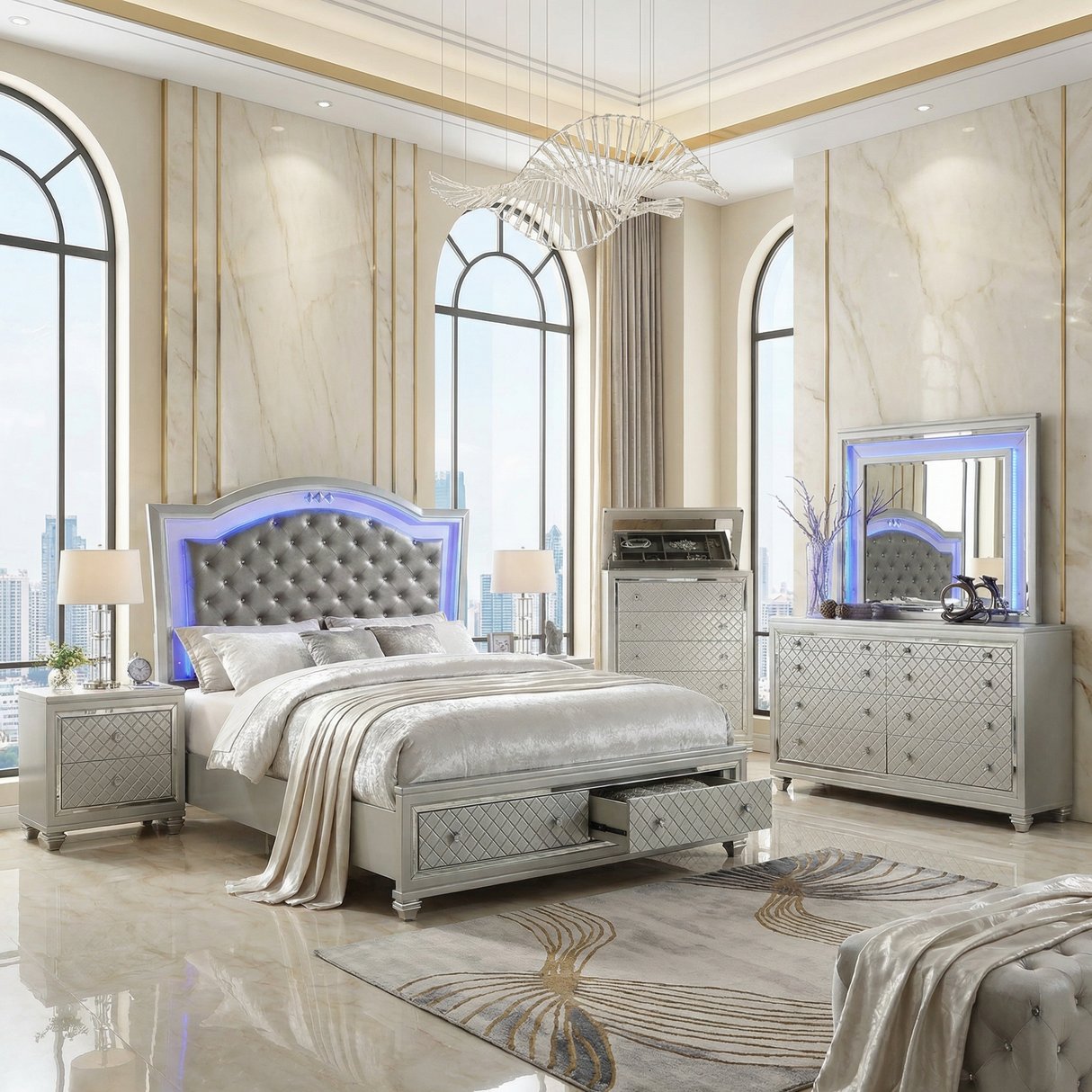 Shiney Silver Finish Bedroom Set with LED Headboard & Storage