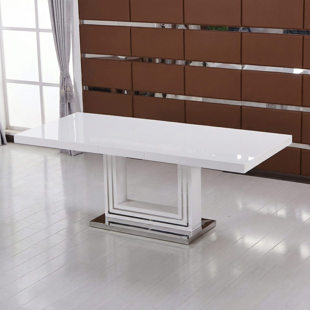 White Lacquer Rectangle Dining Table in Silver & 2 Chairs
