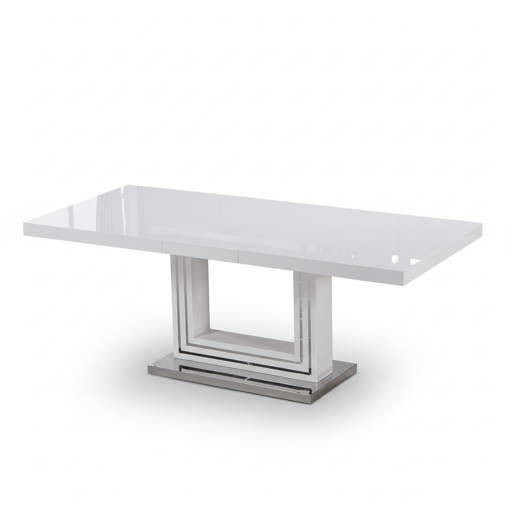White Lacquer Rectangle Dining Table in Silver & 2 Chairs