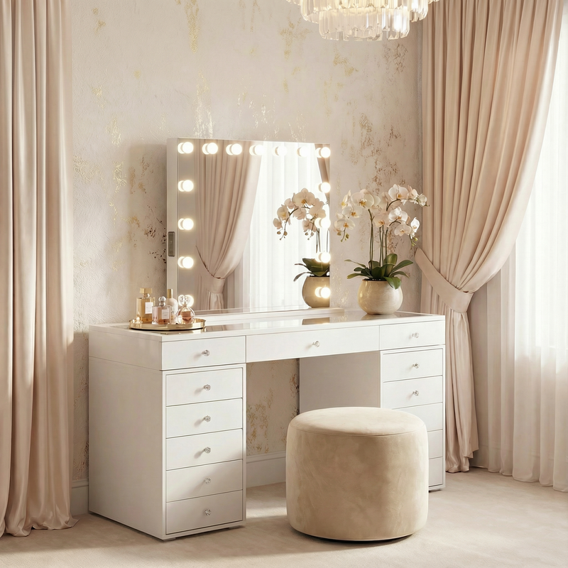 Yonkers Vanity with LED Mirror & Drawers - Modern White Set!