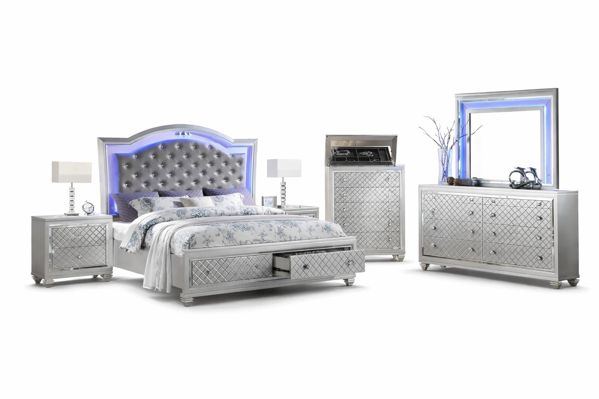 Shiney Silver Finish Bedroom Set with LED Headboard & Storage