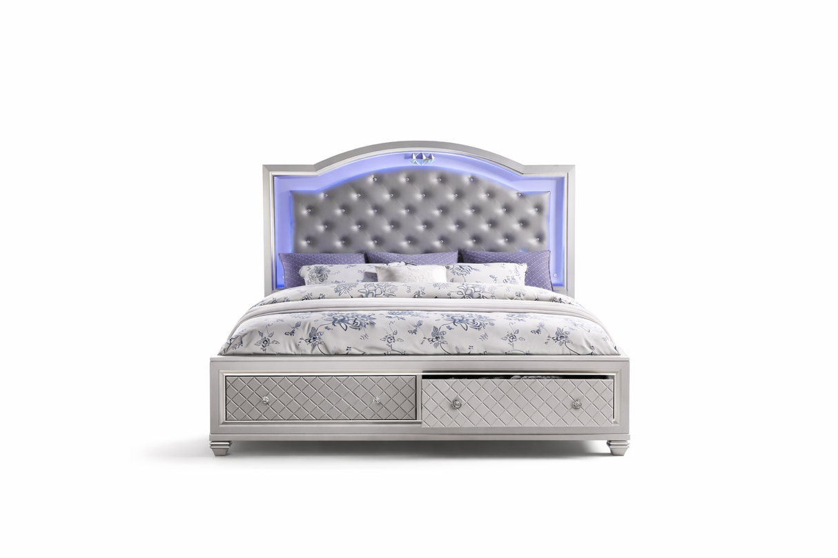 Shiney Silver Finish Bedroom Set with LED Headboard & Storage
