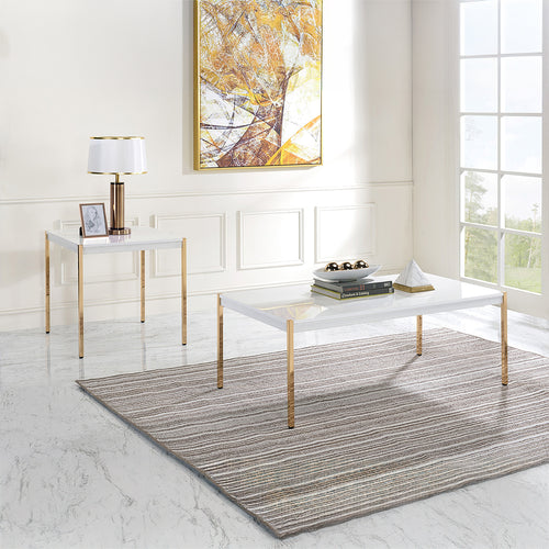 Otrac Coffee & End Table - Minimalist Wooden Top & Gold Metal Legs in White