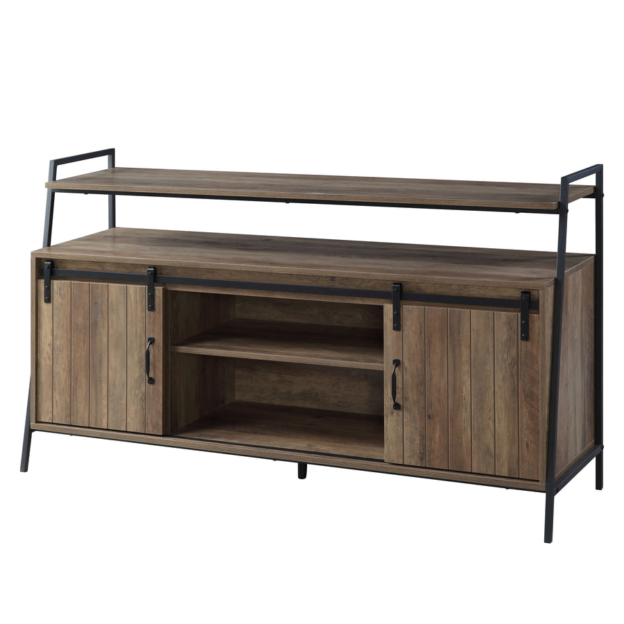 Rashawn Industrial TV Stand - Sliding Barn Doors & Trapezoid Metal Frame in Rustic Oak