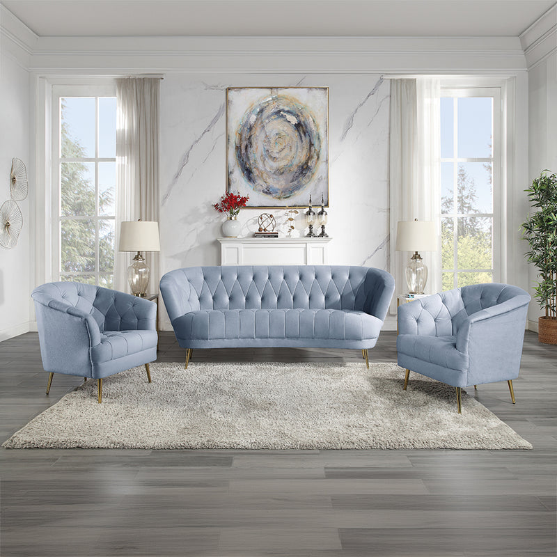 Bayram Curved Velvet Sofa & Chair - Diamond Button Tufting & Metal Legs in Light Gray Velvet