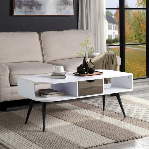 Halima Coffee Table - Curved Lines, Splayed Metal Legs & Drawer in White with Black