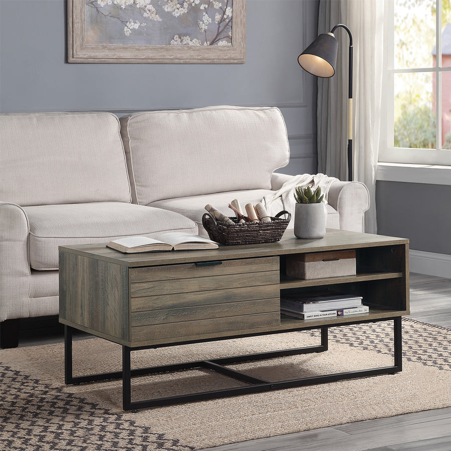 Homare Industrial Coffee Table - Drop-Down Door Storage & Open Shelves in Rustic Oak & Black