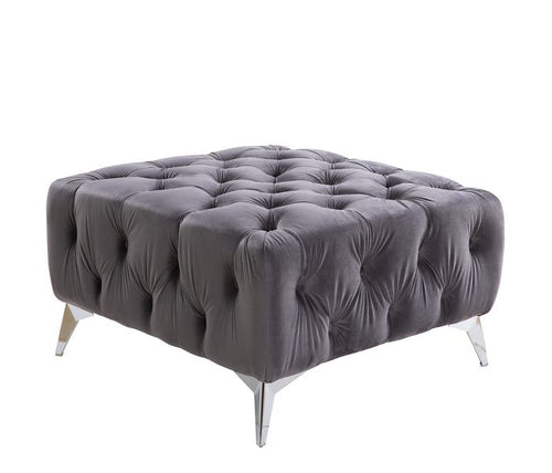 Wugtyx Button Tufted Ottoman - Metal Legs in Dark Gray Velvet