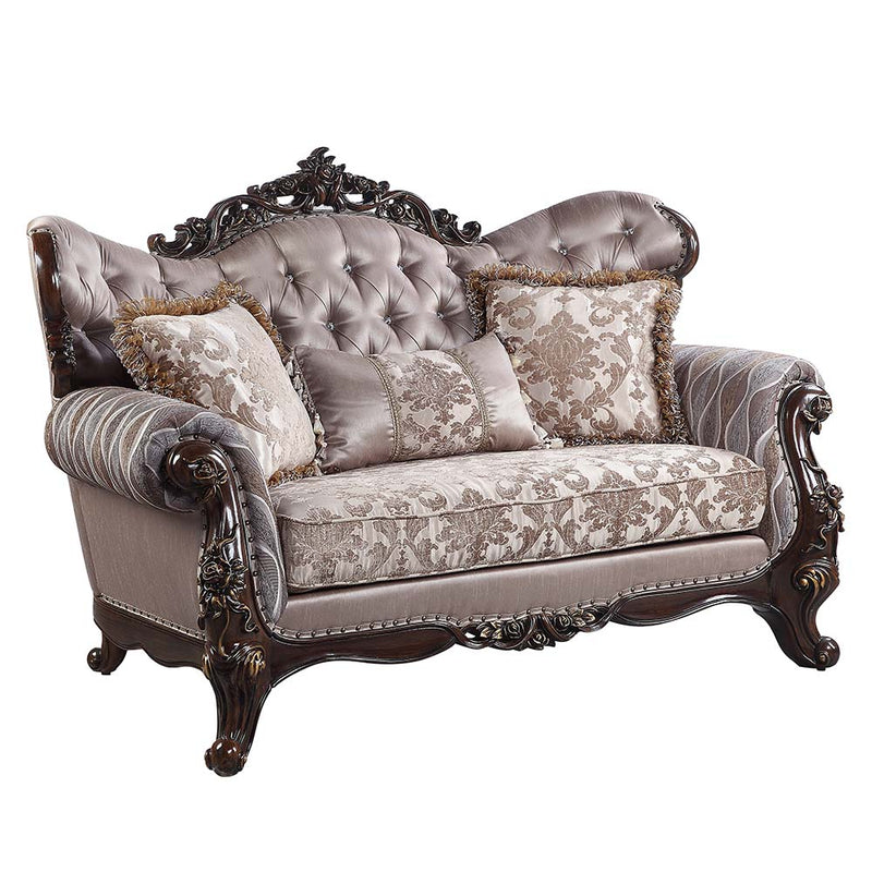 Benbek Traditional Wingback Loveseat - Button Tufting & Pocket Coil Seat with 3 Pillows in Fabric & Antique Oak