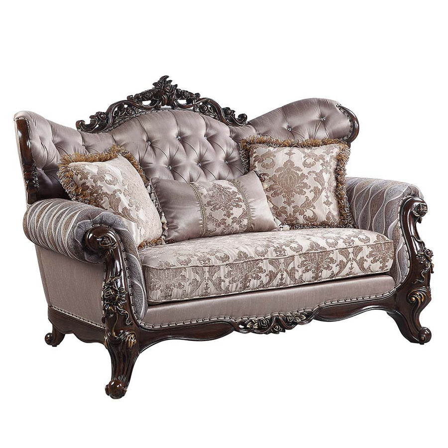 Benbek Traditional Wingback Loveseat - Button Tufting & Pocket Coil Seat with 3 Pillows in Fabric & Antique Oak