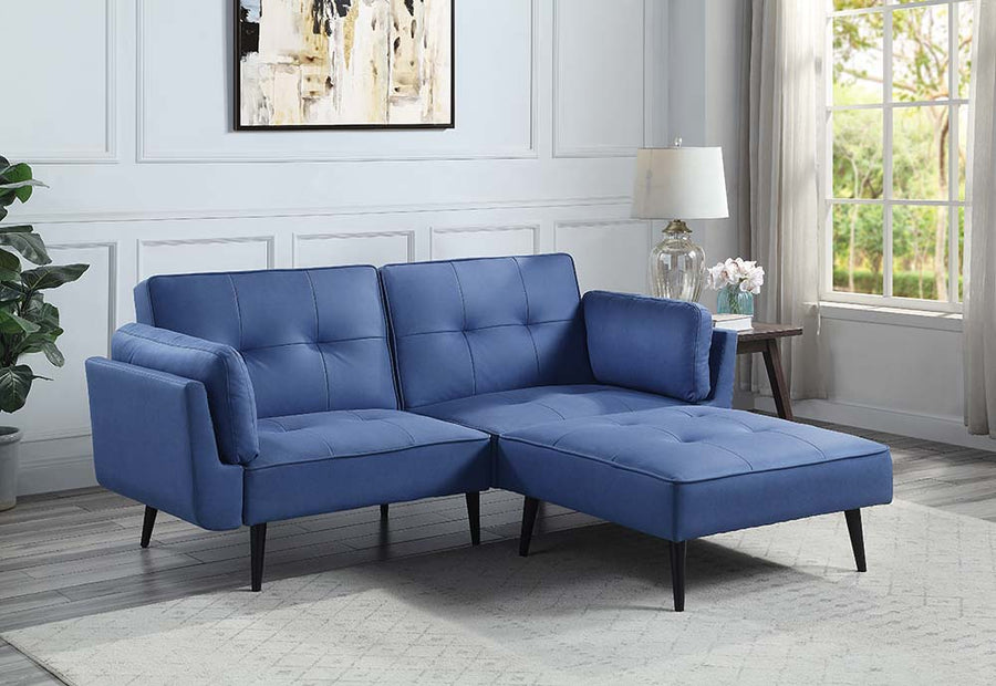 Nafisa Adjustable Sofa & Ottoman - Button Tufted Mid-Century Design in Blue Fabric