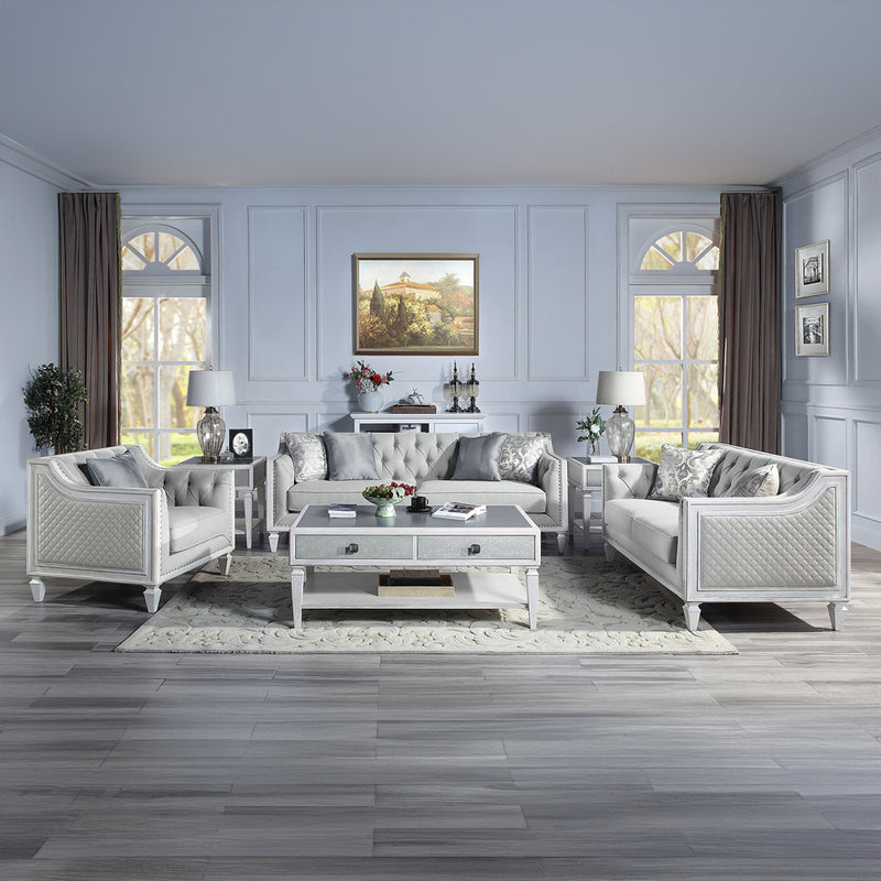 Katia Living Room Collection - Button Tufted Lawson Loveseat & Chair in Light Gray Linen & Weathered White